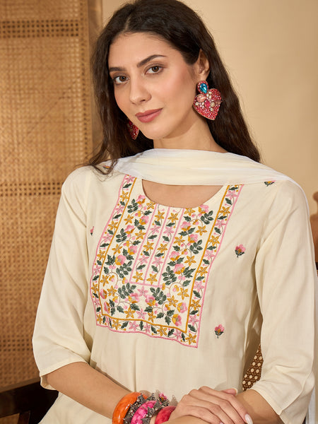 Stylum Women's Cream Solid & Embroidered Rayon Straight Kurta Pant Dupatta Set (KPDCREAMGONNY)