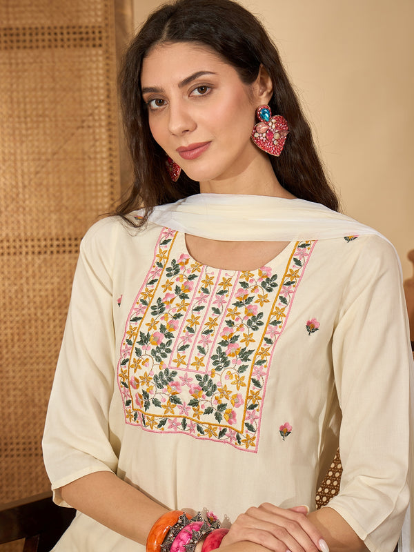 Stylum Women's Cream Solid & Embroidered Rayon Straight Kurta Pant Dupatta Set (KPDCREAMGONNY)