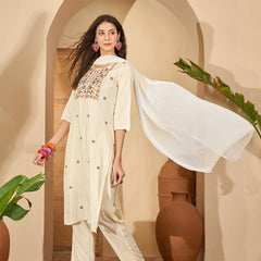 Stylum Women's Cream Solid & Embroidered Rayon Straight Kurta Pant Dupatta Set (KPDCREAMGONNY)