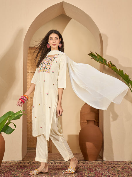 Stylum Women's Cream Solid & Embroidered Rayon Straight Kurta Pant Dupatta Set (KPDCREAMGONNY)