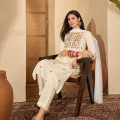 Stylum Women's Cream Solid & Embroidered Rayon Straight Kurta Pant Dupatta Set (KPDCREAMGONNY)