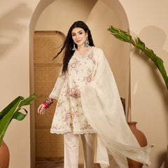 Stylum Women's Cream Embroidered Cotton Blend A-Line Kurta Pant Dupatta Set (KPDCREAMSONAM)
