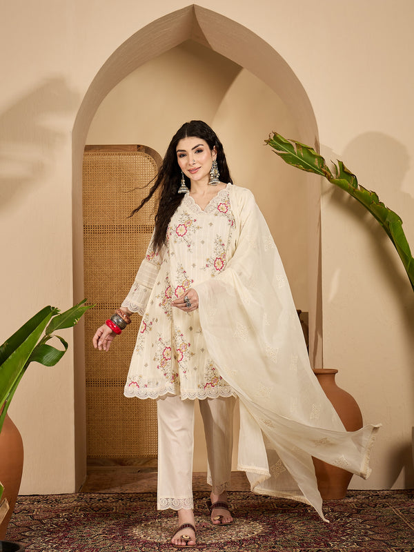 Stylum Women's Cream Embroidered Cotton Blend A-Line Kurta Pant Dupatta Set (KPDCREAMSONAM)