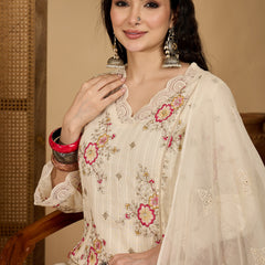 Stylum Women's Cream Embroidered Cotton Blend A-Line Kurta Pant Dupatta Set (KPDCREAMSONAM)