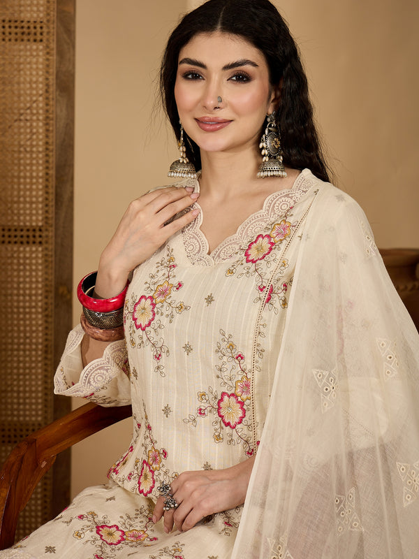 Stylum Women's Cream Embroidered Cotton Blend A-Line Kurta Pant Dupatta Set (KPDCREAMSONAM)