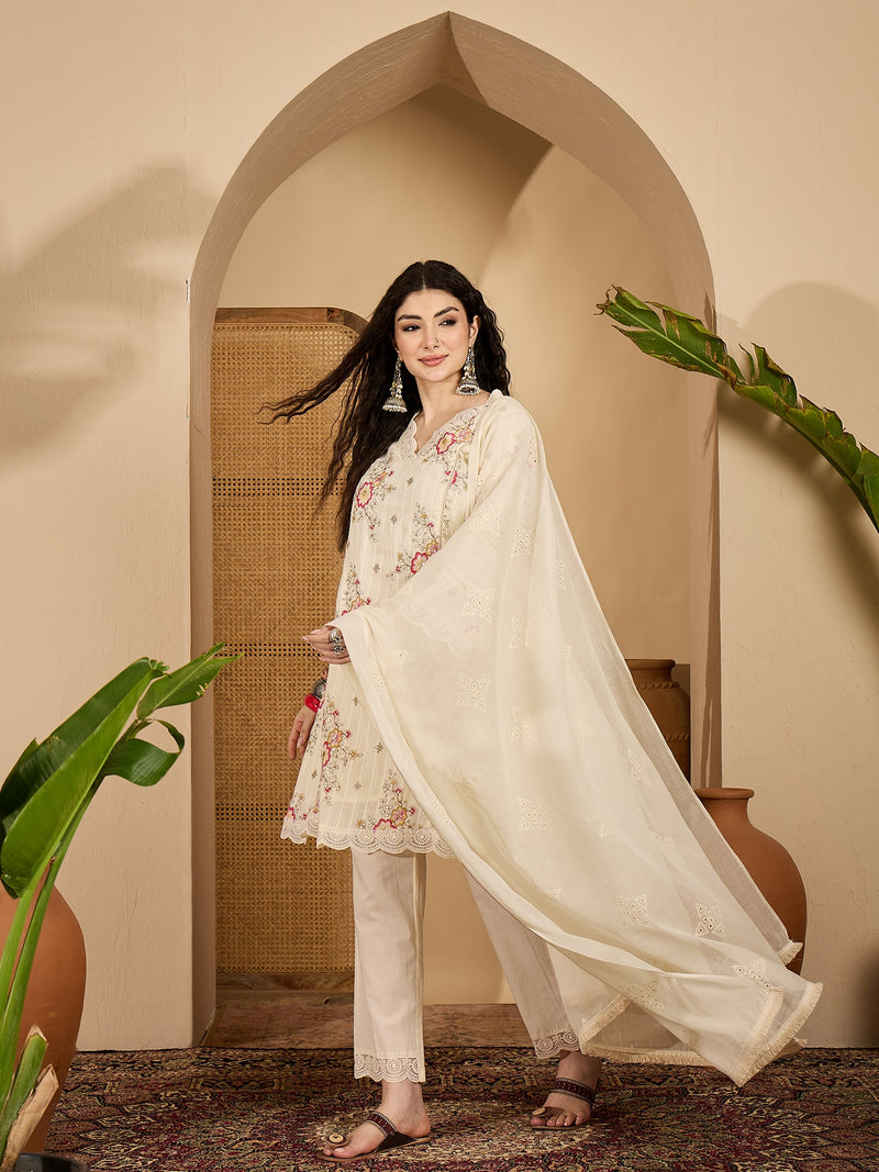 Stylum Women's Cream Embroidered Cotton Blend A-Line Kurta Pant Dupatta Set (KPDCREAMSONAM)