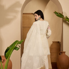 Stylum Women's Cream Embroidered Cotton Blend A-Line Kurta Pant Dupatta Set (KPDCREAMSONAM)