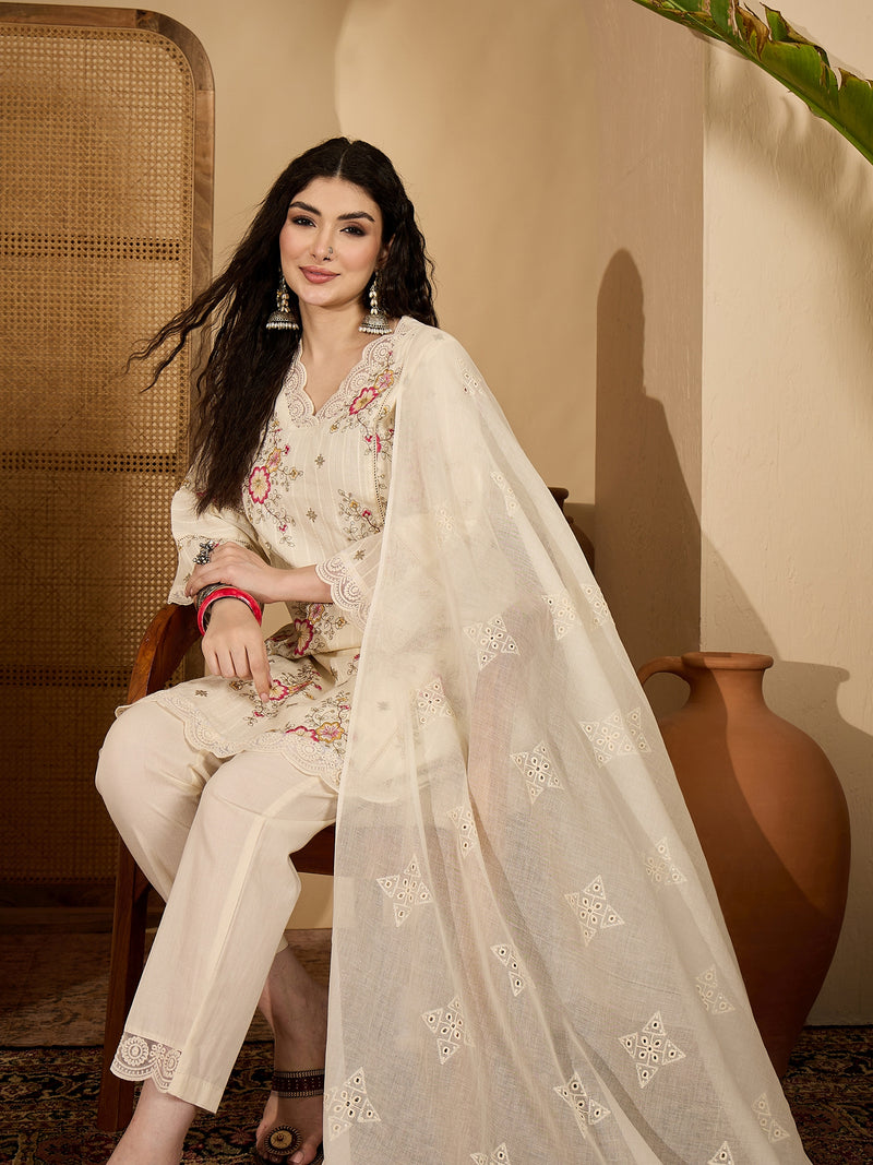 Stylum Women's Cream Embroidered Cotton Blend A-Line Kurta Pant Dupatta Set (KPDCREAMSONAM)
