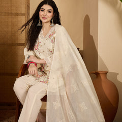 Stylum Women's Cream Embroidered Cotton Blend A-Line Kurta Pant Dupatta Set (KPDCREAMSONAM)