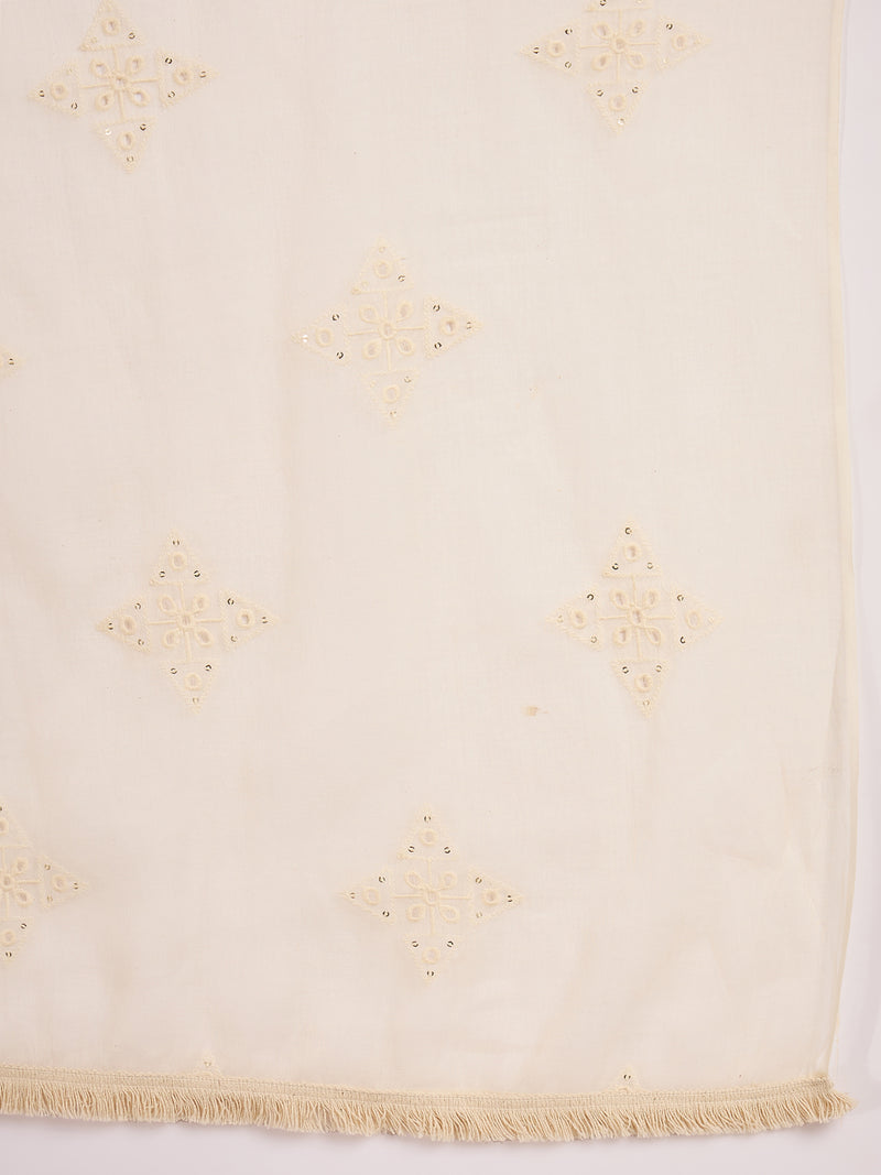 Stylum Women's Cream Embroidered Cotton Blend A-Line Kurta Pant Dupatta Set (KPDCREAMSONAM)