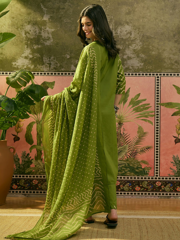 Stylum Women's Green Bandhej Printed Cotton Straight Kurta Pant Dupatta Set (KPDGREENBAZZI)