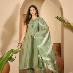 Stylum Women's Green Solid & Embroidered Silk Blend A-Line Kurta Pant Dupatta Set (KPDGREENFABLE)