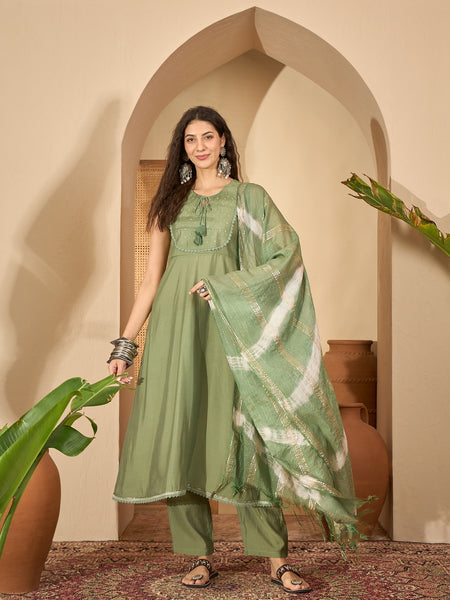 Stylum Women's Green Solid & Embroidered Silk Blend A-Line Kurta Pant Dupatta Set (KPDGREENFABLE)