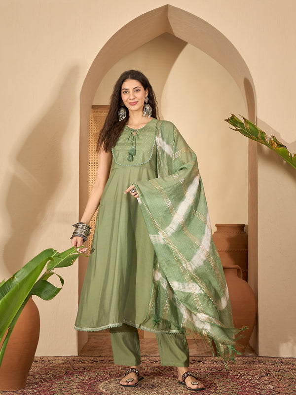 Stylum Women's Green Solid & Embroidered Silk Blend A-Line Kurta Pant Dupatta Set (KPDGREENFABLE)