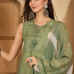 Stylum Women's Green Solid & Embroidered Silk Blend A-Line Kurta Pant Dupatta Set (KPDGREENFABLE)