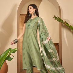 Stylum Women's Green Solid & Embroidered Silk Blend A-Line Kurta Pant Dupatta Set (KPDGREENFABLE)