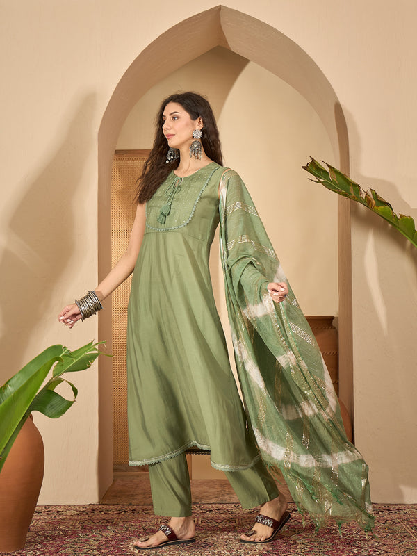 Stylum Women's Green Solid & Embroidered Silk Blend A-Line Kurta Pant Dupatta Set (KPDGREENFABLE)