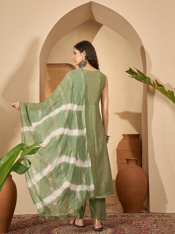 Stylum Women's Green Solid & Embroidered Silk Blend A-Line Kurta Pant Dupatta Set (KPDGREENFABLE)