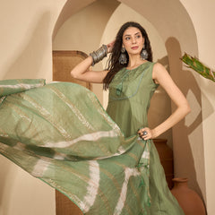 Stylum Women's Green Solid & Embroidered Silk Blend A-Line Kurta Pant Dupatta Set (KPDGREENFABLE)