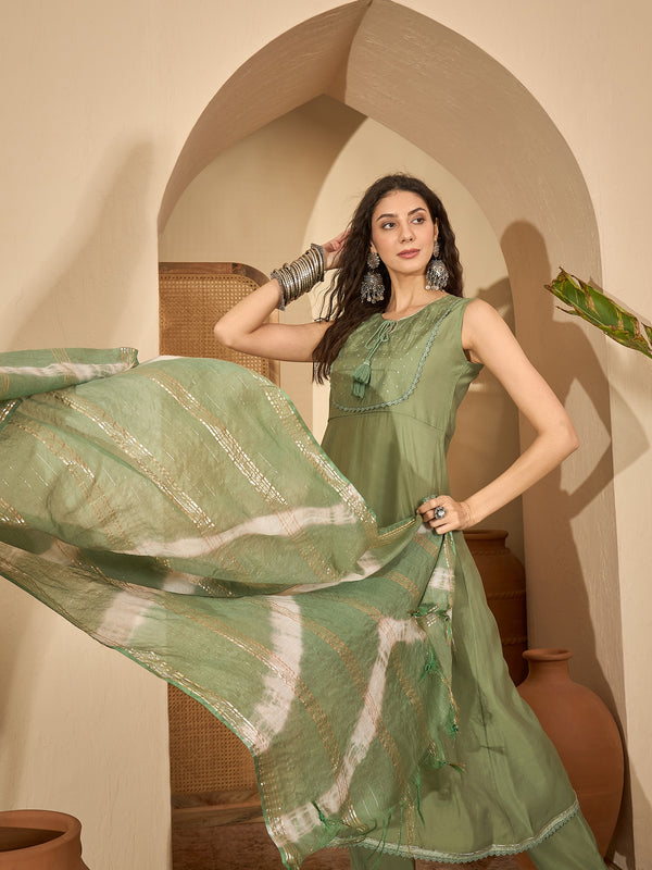 Stylum Women's Green Solid & Embroidered Silk Blend A-Line Kurta Pant Dupatta Set (KPDGREENFABLE)