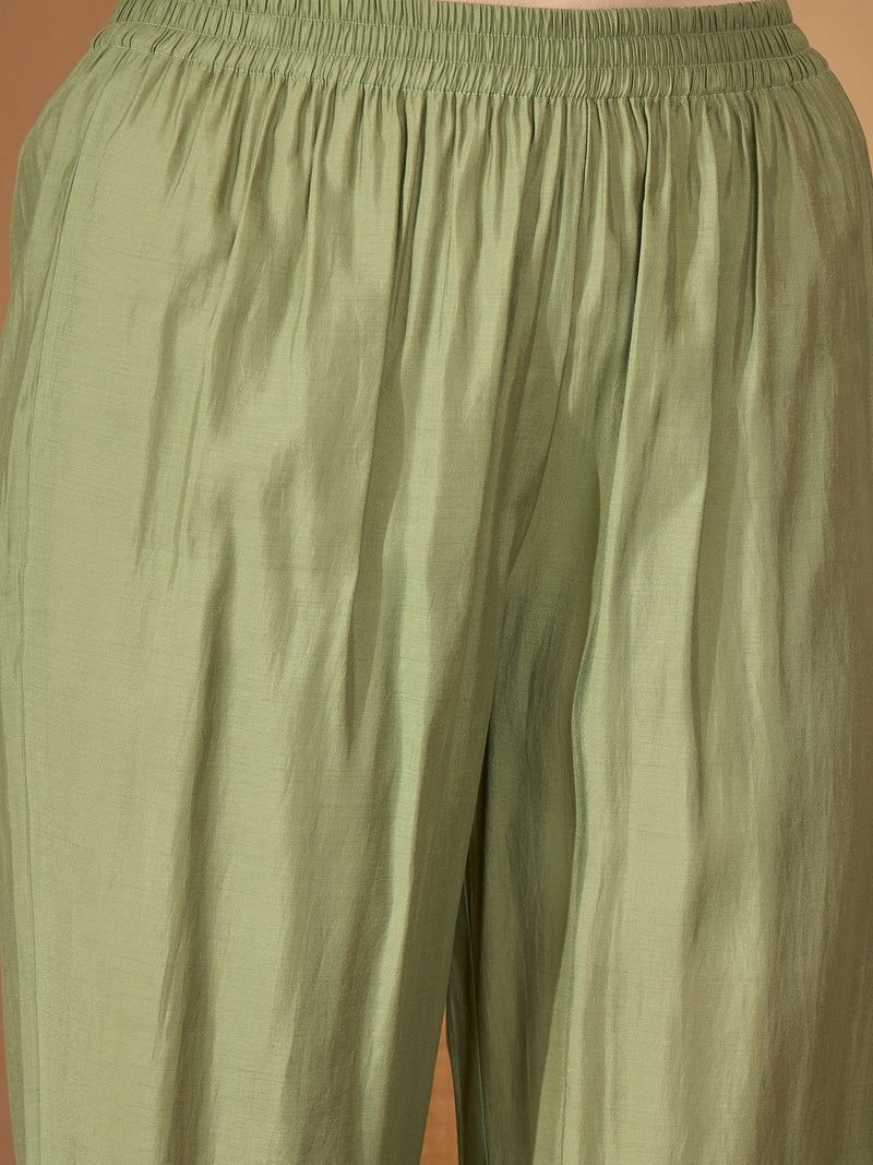 Stylum Women's Green Solid & Embroidered Silk Blend A-Line Kurta Pant Dupatta Set (KPDGREENFABLE)