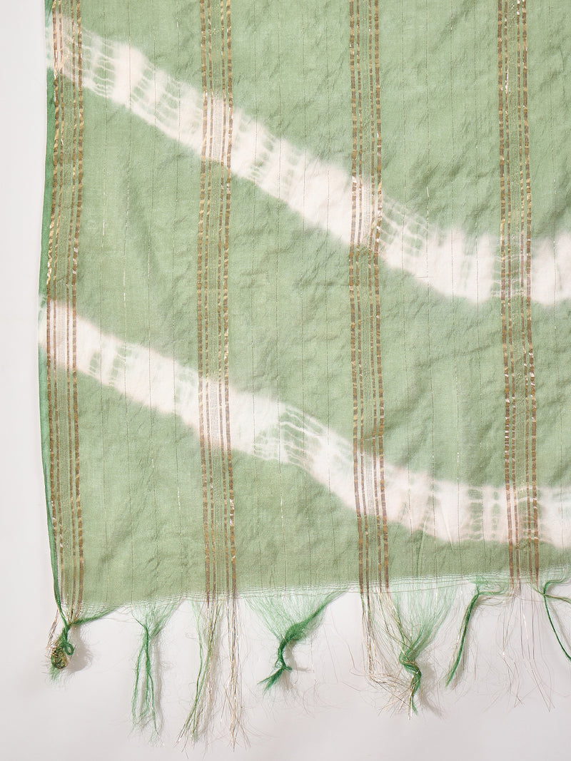 Stylum Women's Green Solid & Embroidered Silk Blend A-Line Kurta Pant Dupatta Set (KPDGREENFABLE)