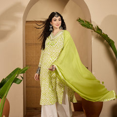 Stylum Women's Green Ikat Printed Cotton Straight Kurta Palazzo Dupatta Set (KPDGREENSODA)