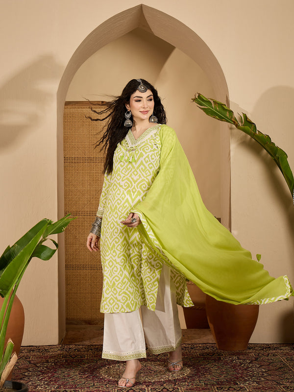 Stylum Women's Green Ikat Printed Cotton Straight Kurta Palazzo Dupatta Set (KPDGREENSODA)