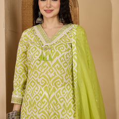 Stylum Women's Green Ikat Printed Cotton Straight Kurta Palazzo Dupatta Set (KPDGREENSODA)