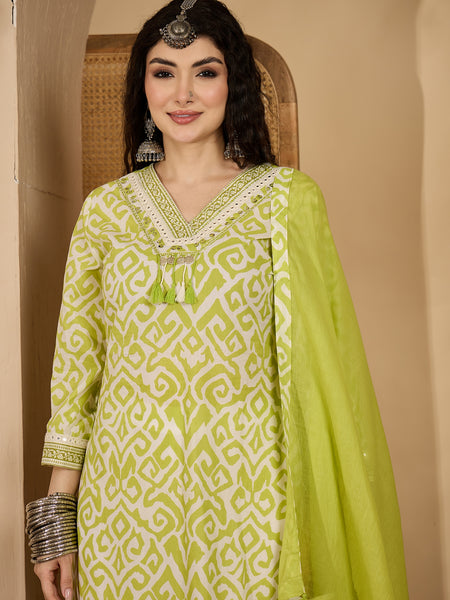 Stylum Women's Green Ikat Printed Cotton Straight Kurta Palazzo Dupatta Set (KPDGREENSODA)