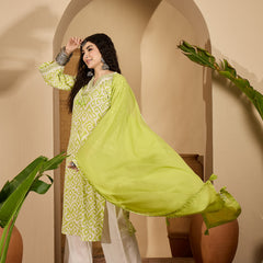 Stylum Women's Green Ikat Printed Cotton Straight Kurta Palazzo Dupatta Set (KPDGREENSODA)