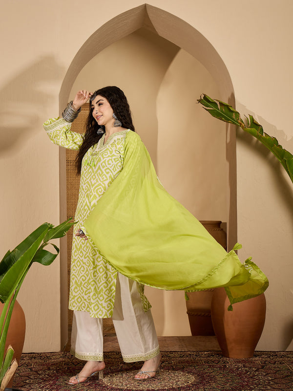 Stylum Women's Green Ikat Printed Cotton Straight Kurta Palazzo Dupatta Set (KPDGREENSODA)