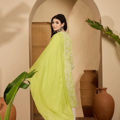 Stylum Women's Green Ikat Printed Cotton Straight Kurta Palazzo Dupatta Set (KPDGREENSODA)