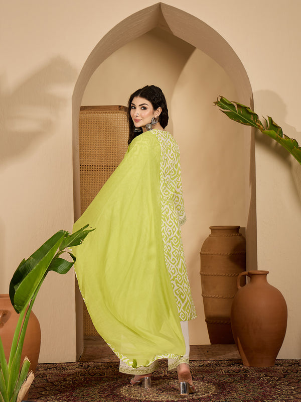 Stylum Women's Green Ikat Printed Cotton Straight Kurta Palazzo Dupatta Set (KPDGREENSODA)