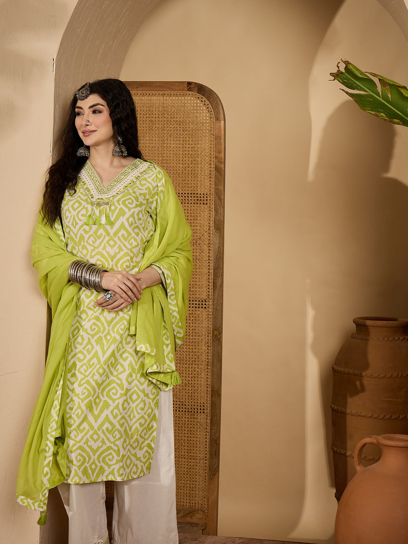 Stylum Women's Green Ikat Printed Cotton Straight Kurta Palazzo Dupatta Set (KPDGREENSODA)