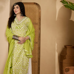 Stylum Women's Green Ikat Printed Cotton Straight Kurta Palazzo Dupatta Set (KPDGREENSODA)