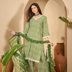 Stylum Women's Green Leheriya Printed Rayon Straight Kurta Palazzo Dupatta Set (KPDGREENTEA)