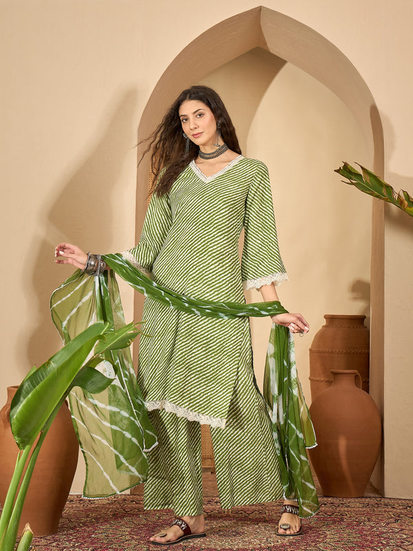 Stylum Women's Green Leheriya Printed Rayon Straight Kurta Palazzo Dupatta Set (KPDGREENTEA)