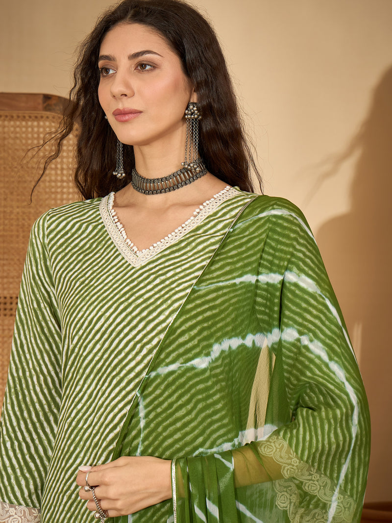 Stylum Women's Green Leheriya Printed Rayon Straight Kurta Palazzo Dupatta Set (KPDGREENTEA)
