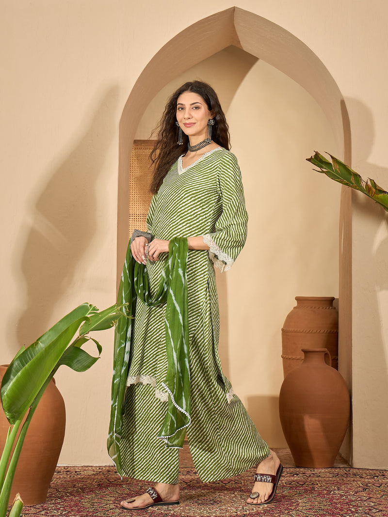 Stylum Women's Green Leheriya Printed Rayon Straight Kurta Palazzo Dupatta Set (KPDGREENTEA)