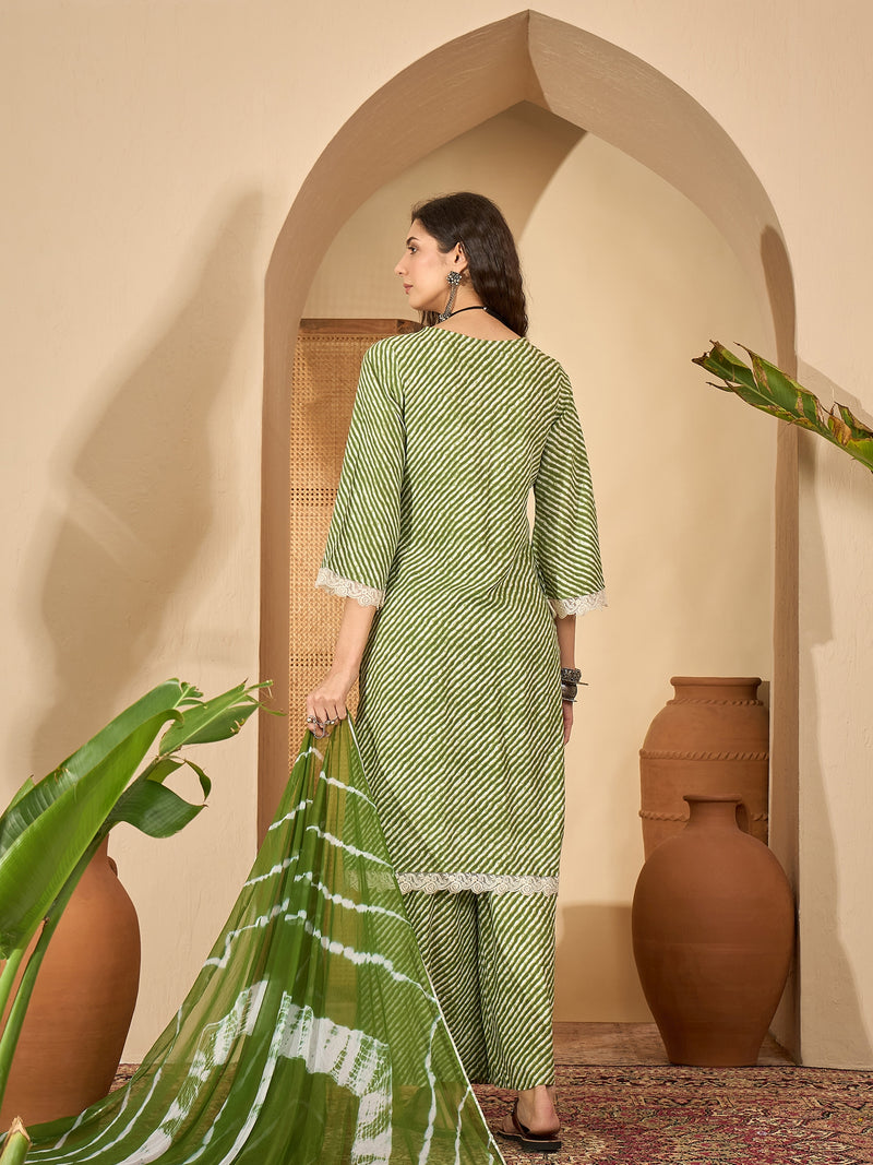 Stylum Women's Green Leheriya Printed Rayon Straight Kurta Palazzo Dupatta Set (KPDGREENTEA)