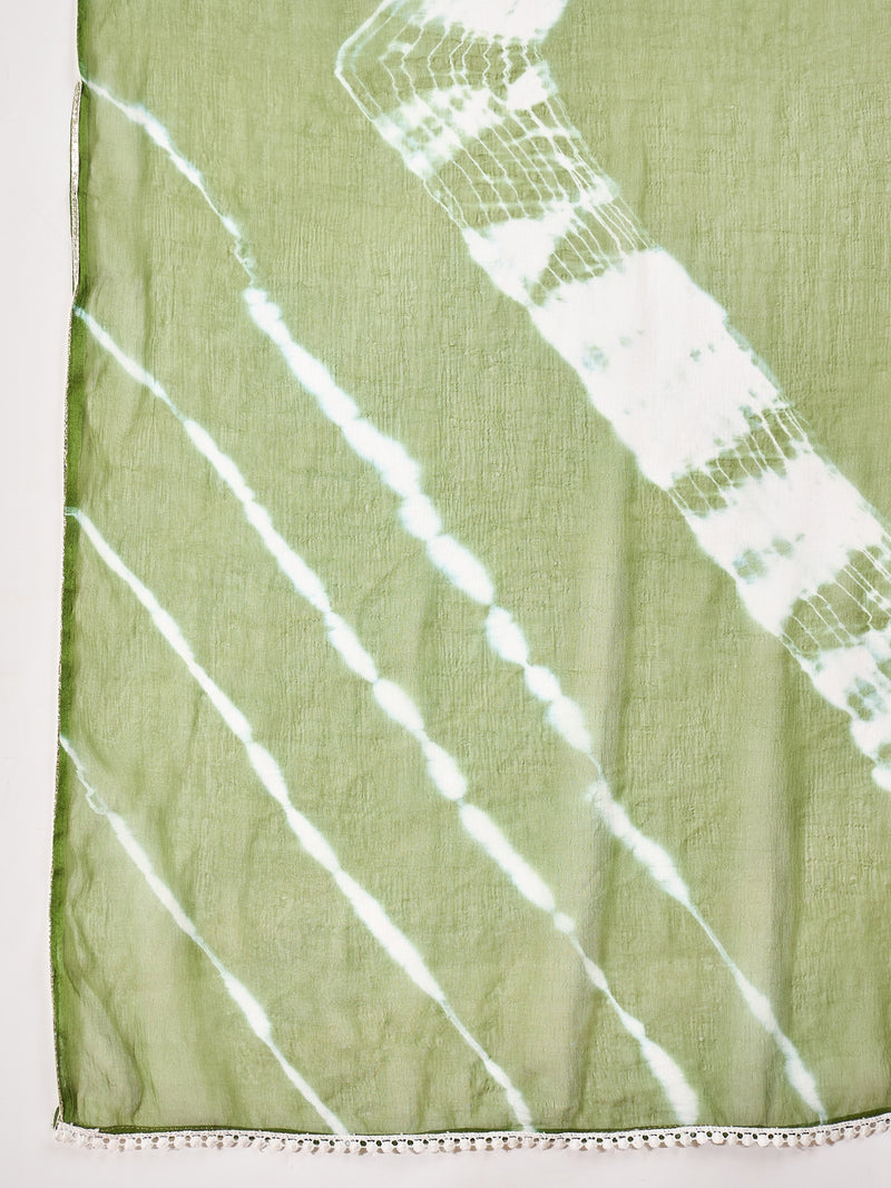 Stylum Women's Green Leheriya Printed Rayon Straight Kurta Palazzo Dupatta Set (KPDGREENTEA)