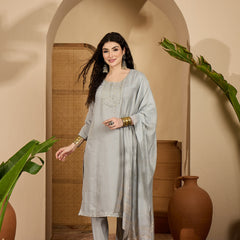 Stylum Women's Grey Solid & Embroidered Silk Straight Kurta Pant Dupatta Set (KPDGREYMUNCH)