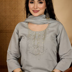 Stylum Women's Grey Solid & Embroidered Silk Straight Kurta Pant Dupatta Set (KPDGREYMUNCH)