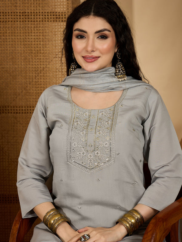 Stylum Women's Grey Solid & Embroidered Silk Straight Kurta Pant Dupatta Set (KPDGREYMUNCH)