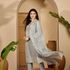 Stylum Women's Grey Solid & Embroidered Silk Straight Kurta Pant Dupatta Set (KPDGREYMUNCH)