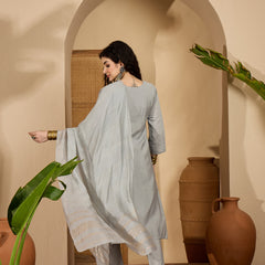 Stylum Women's Grey Solid & Embroidered Silk Straight Kurta Pant Dupatta Set (KPDGREYMUNCH)