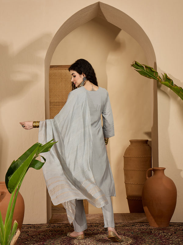 Stylum Women's Grey Solid & Embroidered Silk Straight Kurta Pant Dupatta Set (KPDGREYMUNCH)