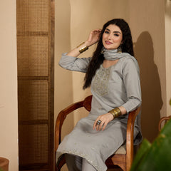 Stylum Women's Grey Solid & Embroidered Silk Straight Kurta Pant Dupatta Set (KPDGREYMUNCH)
