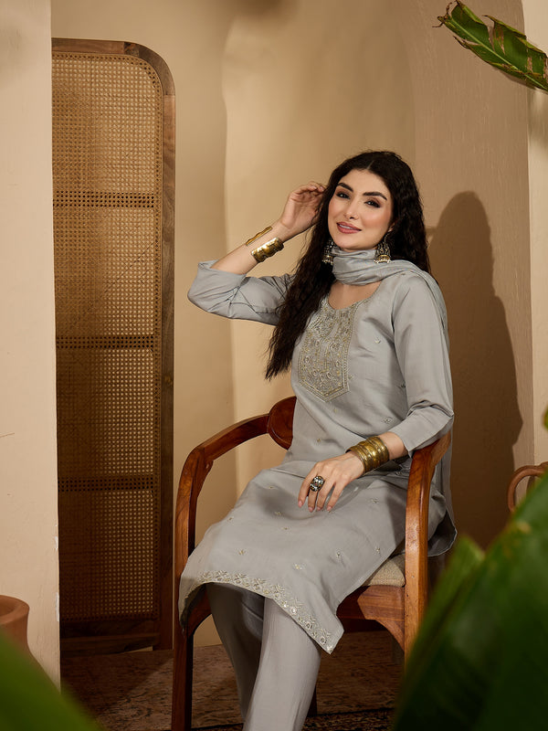 Stylum Women's Grey Solid & Embroidered Silk Straight Kurta Pant Dupatta Set (KPDGREYMUNCH)